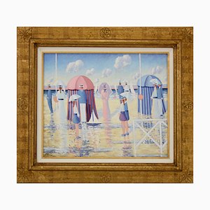 Paul Frans, People on the Beach with Cabins, 1980, Painting-KTN-1388722