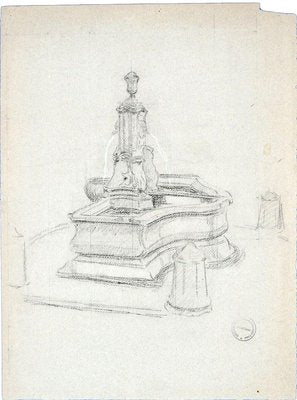 Paul Garin, the Fountain, 1950s, Original Charcoal Drawing on Paper-ZCI-761056