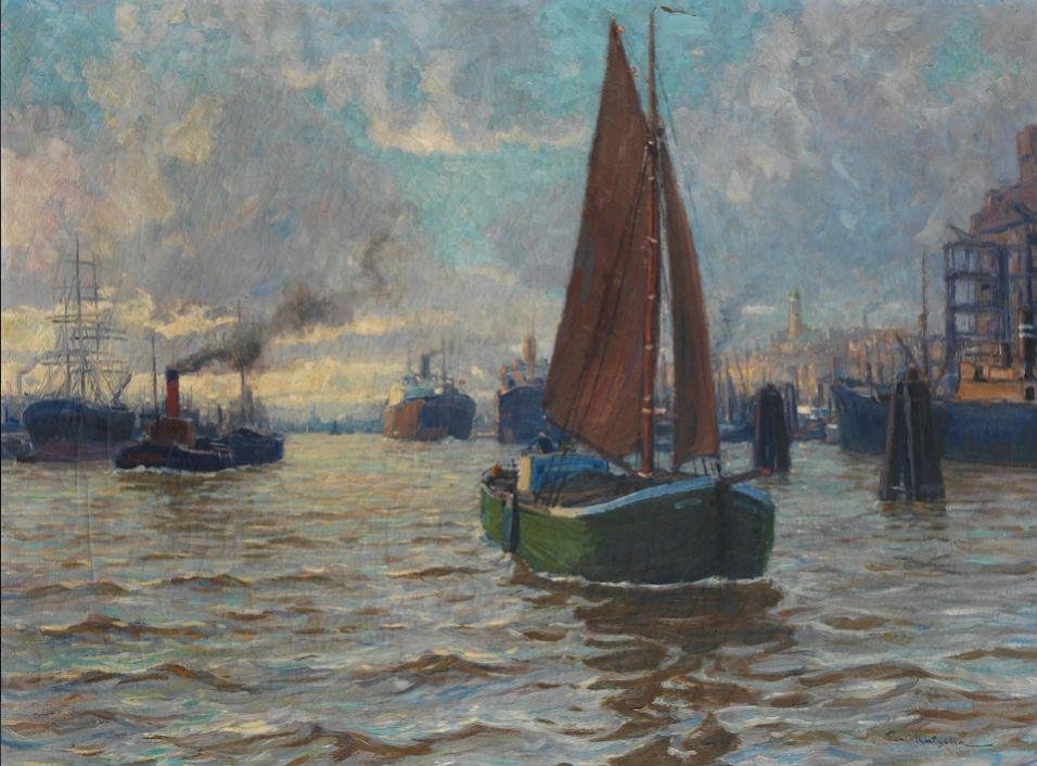 Paul Kuk, Harbor, Oil on Canvas, Framed