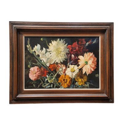 Paul Robert Bazé, Dahlias and Camellias, 1970s, Oil on Board, Framed-NUC-1783299