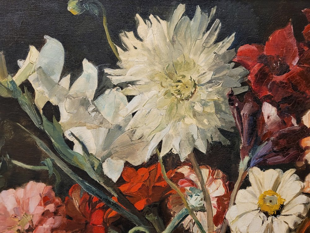 Paul Robert Bazé, Dahlias and Camellias, 1970s, Oil on Board, Framed