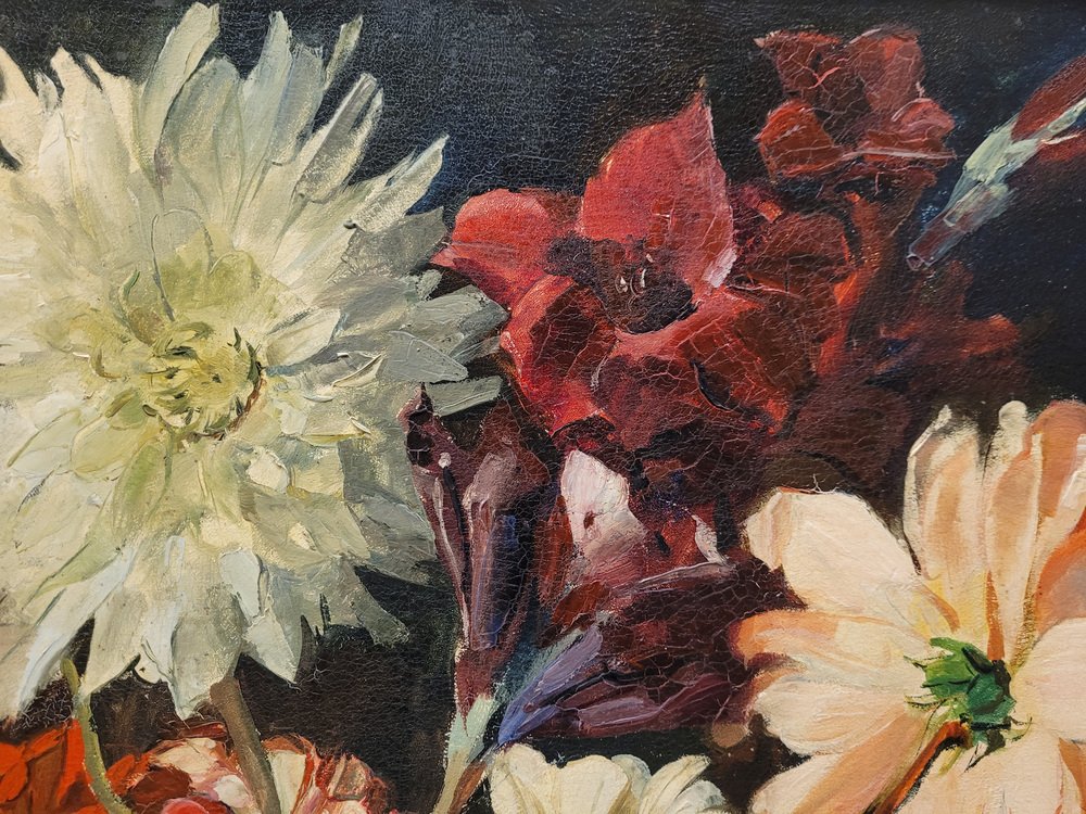 Paul Robert Bazé, Dahlias and Camellias, 1970s, Oil on Board, Framed