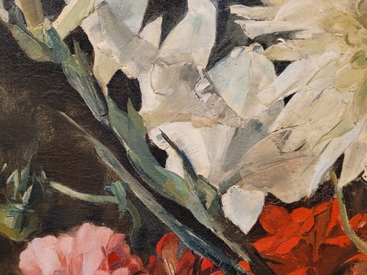 Paul Robert Bazé, Dahlias and Camellias, 1970s, Oil on Board, Framed-NUC-1783299