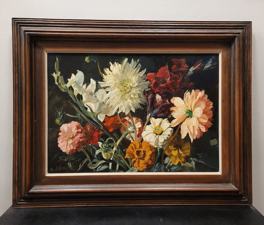 Paul Robert Bazé, Dahlias and Camellias, 1970s, Oil on Board, Framed