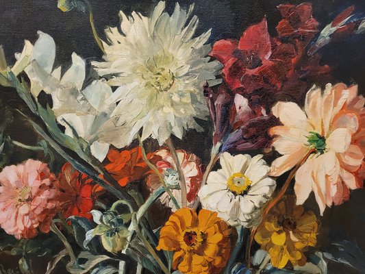 Paul Robert Bazé, Dahlias and Camellias, 1970s, Oil on Board, Framed-NUC-1783299