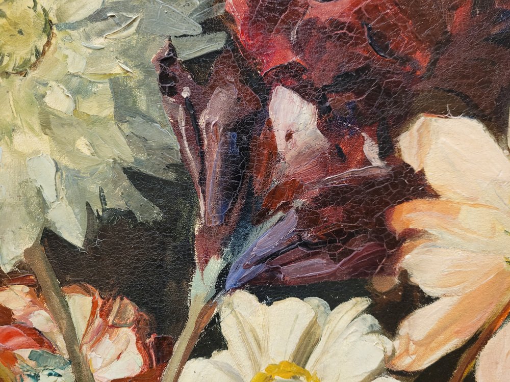 Paul Robert Bazé, Dahlias and Camellias, 1970s, Oil on Board, Framed