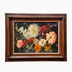 Paul Robert Bazé, Dahlias and Camellias, 1970s, Oil on Board, Framed-NUC-1783299