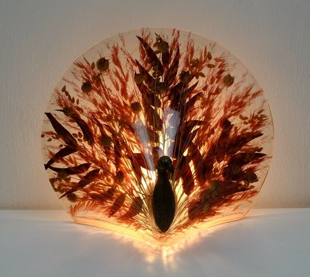 Peacock Table Lamp in Brass & Acrylic Resin with Real Leaves and Grasses, 1970s-FH-931111