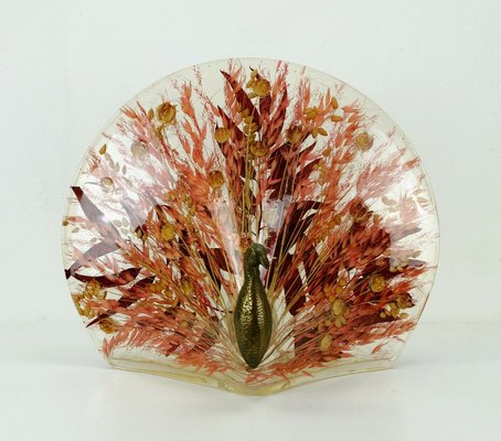 Peacock Table Lamp in Brass & Acrylic Resin with Real Leaves and Grasses, 1970s-FH-931111