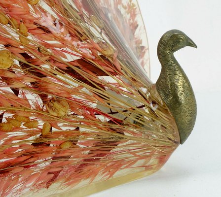 Peacock Table Lamp in Brass & Acrylic Resin with Real Leaves and Grasses, 1970s-FH-931111