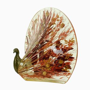 Peacock Table Lamp in Brass & Acrylic Resin with Real Leaves and Grasses, 1970s-FH-931111