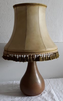 Pear-Shaped Brown Ceramic Table Lamp with Segmented Shade with Beige Leather Covering and Green Fringes, 1970s-HOI-1293323