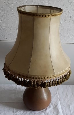 Pear-Shaped Brown Ceramic Table Lamp with Segmented Shade with Beige Leather Covering and Green Fringes, 1970s-HOI-1293323