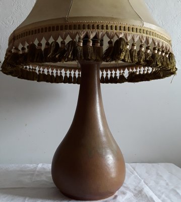 Pear-Shaped Brown Ceramic Table Lamp with Segmented Shade with Beige Leather Covering and Green Fringes, 1970s-HOI-1293323