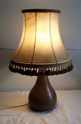 Pear-Shaped Brown Ceramic Table Lamp with Segmented Shade with Beige Leather Covering and Green Fringes, 1970s-HOI-1293323