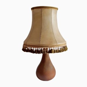 Pear-Shaped Brown Ceramic Table Lamp with Segmented Shade with Beige Leather Covering and Green Fringes, 1970s-HOI-1293323