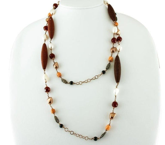 Pearl, Orange Coral, White Stone, Rose Gold and Silver Long Necklace