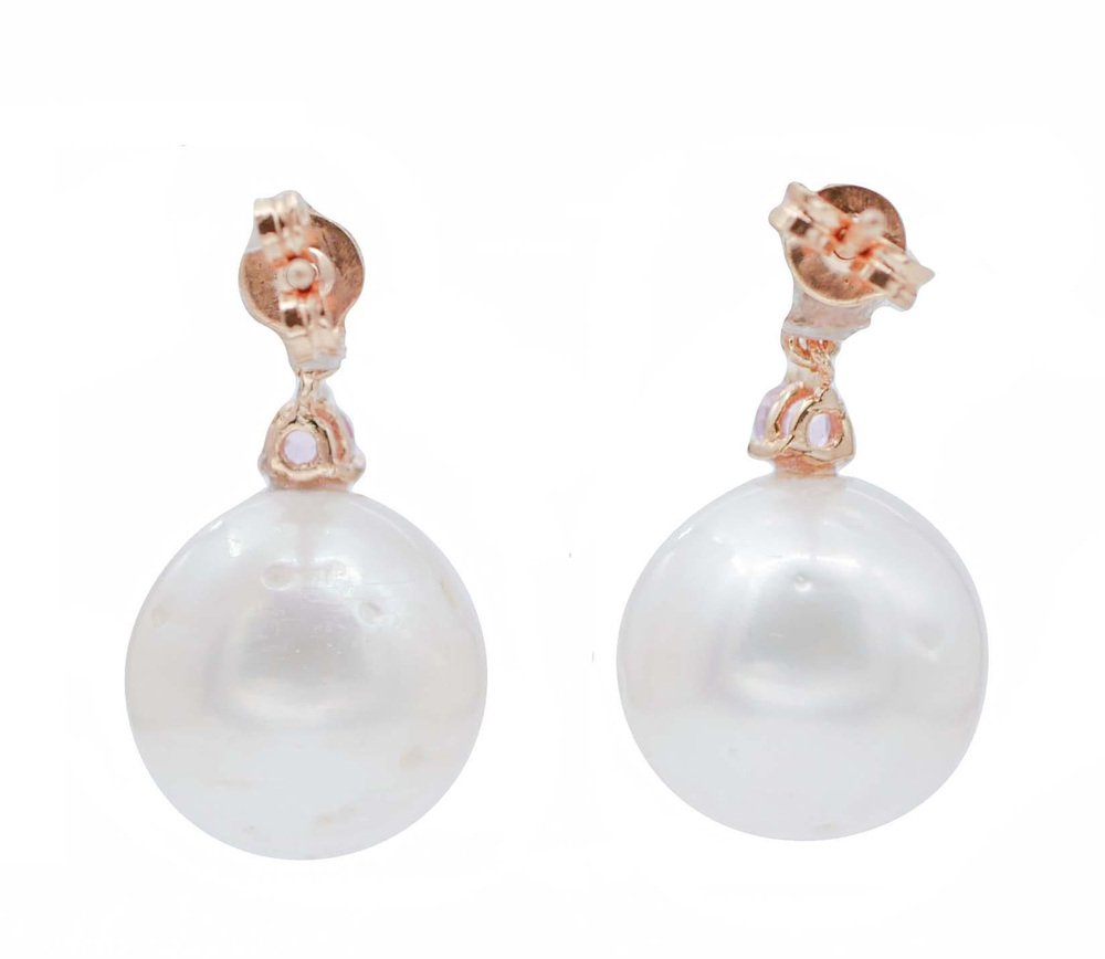 Pearl, Sapphire, Diamond & 14 Karat Rose Gold Earrings, Set of 2