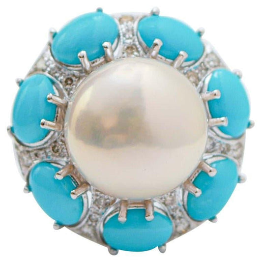 Pearl, Turquoises, Diamonds, 14 Karat White Gold Ring