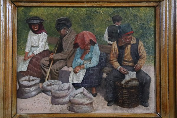 Peasant Scene Painting, 1900s, Oil on Board, Framed-DCO-1313031