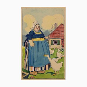 Peasant Woman with Geese, Original Drawing by Gabriele Galantara, 1915-ZCI-891996