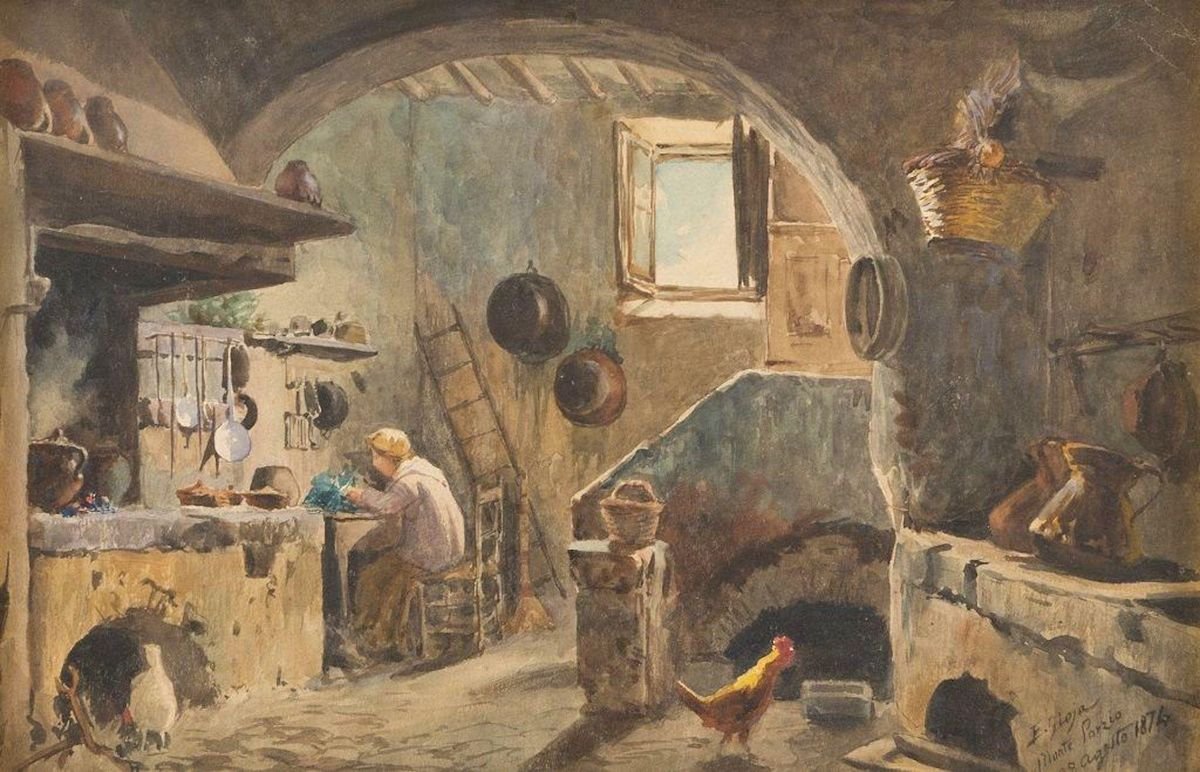 Peasants' House - Watercolor on Paper by E. Gioja - 1874