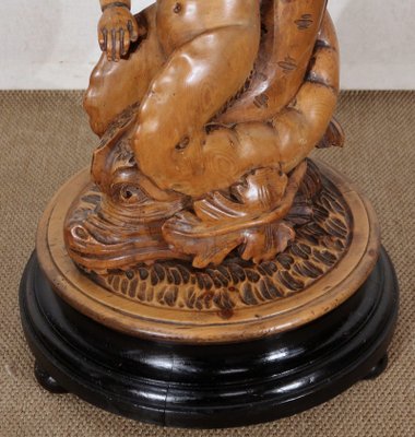 Pedestal " Eros riding a dolphin " in Natural Wood and Blackened Wood, Late 19th Century-RVK-1437480