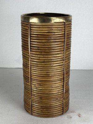 Pencil Reed in Rattan and Brass Umbrella Stand, Italy, 1970s-BHG-1797554