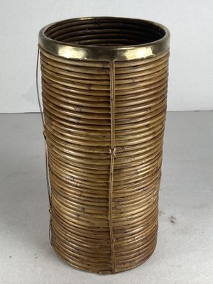 Pencil Reed in Rattan and Brass Umbrella Stand, Italy, 1970s-BHG-1797554