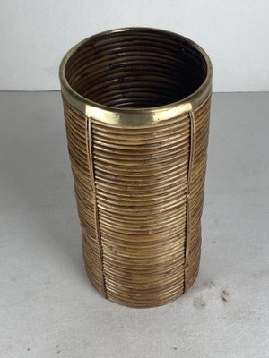 Pencil Reed in Rattan and Brass Umbrella Stand, Italy, 1970s-BHG-1797554