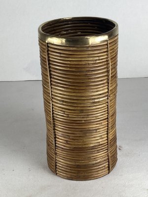 Pencil Reed in Rattan and Brass Umbrella Stand, Italy, 1970s-BHG-1797554