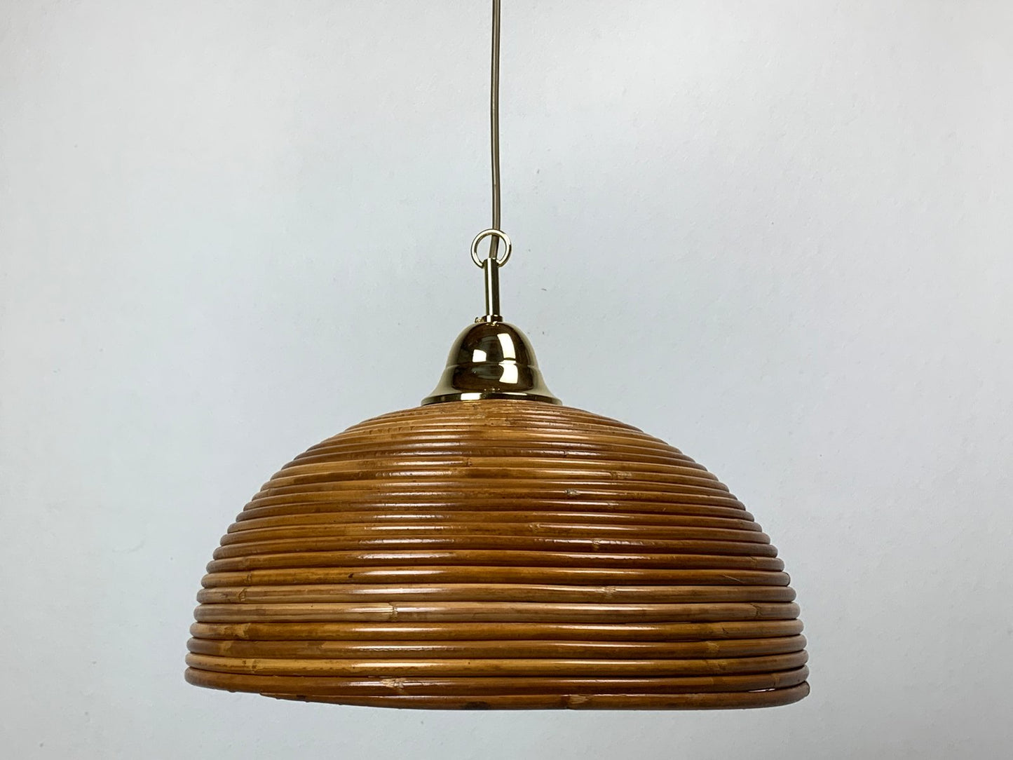 Pencil Reed, Rattan, Bamboo and Brass Pendant Hanging Lamp, Italy, 1970s