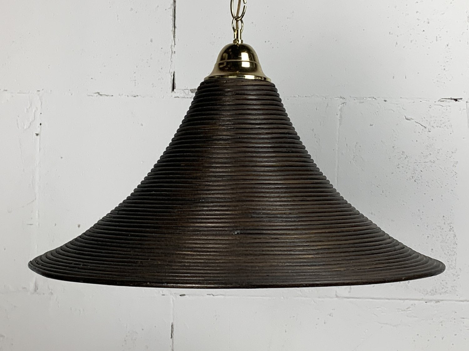 Pencil Reed, Rattan, Bamboo and Brass Pendant Hanging Lamp, Italy, 1970s