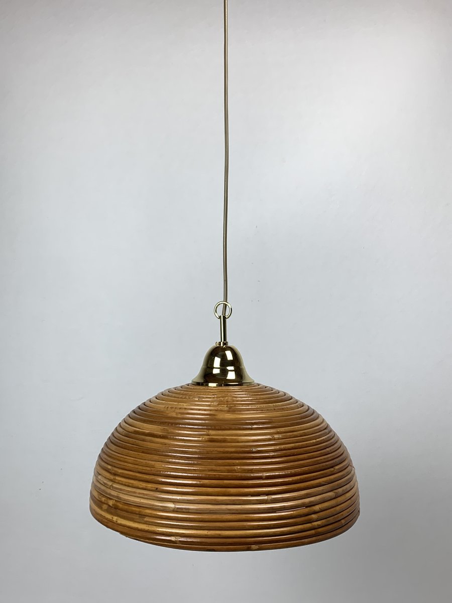 Pencil Reed, Rattan, Bamboo and Brass Pendant Hanging Lamp, Italy, 1970s