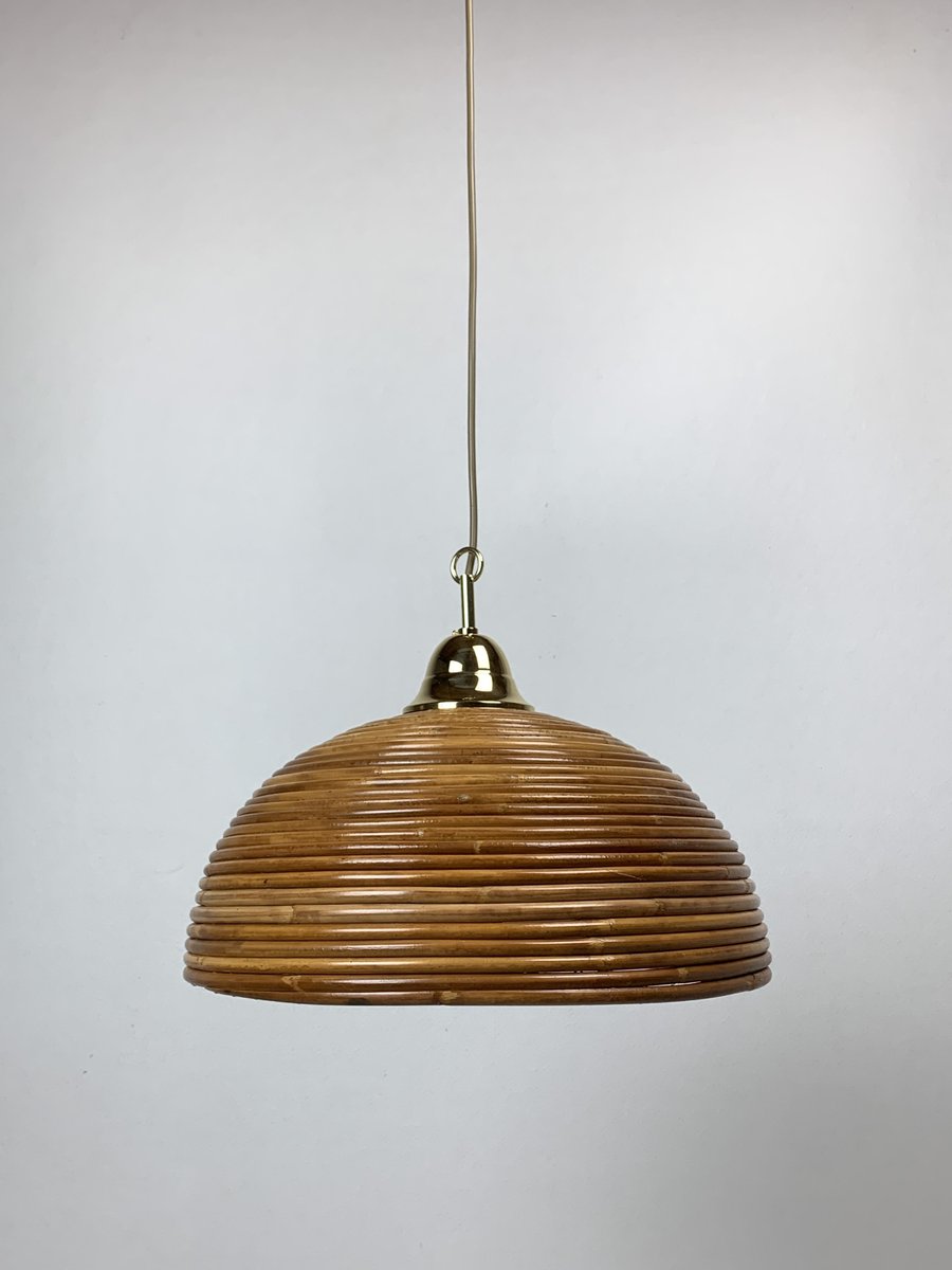 Pencil Reed, Rattan, Bamboo and Brass Pendant Hanging Lamp, Italy, 1970s