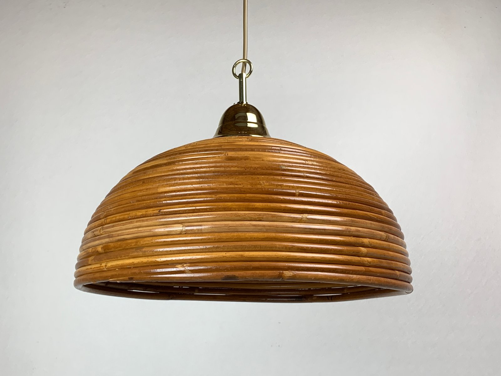 Pencil Reed, Rattan, Bamboo and Brass Pendant Hanging Lamp, Italy, 1970s