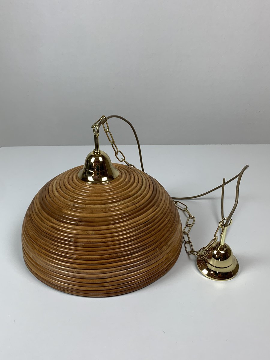 Pencil Reed, Rattan, Bamboo and Brass Pendant Hanging Lamp, Italy, 1970s