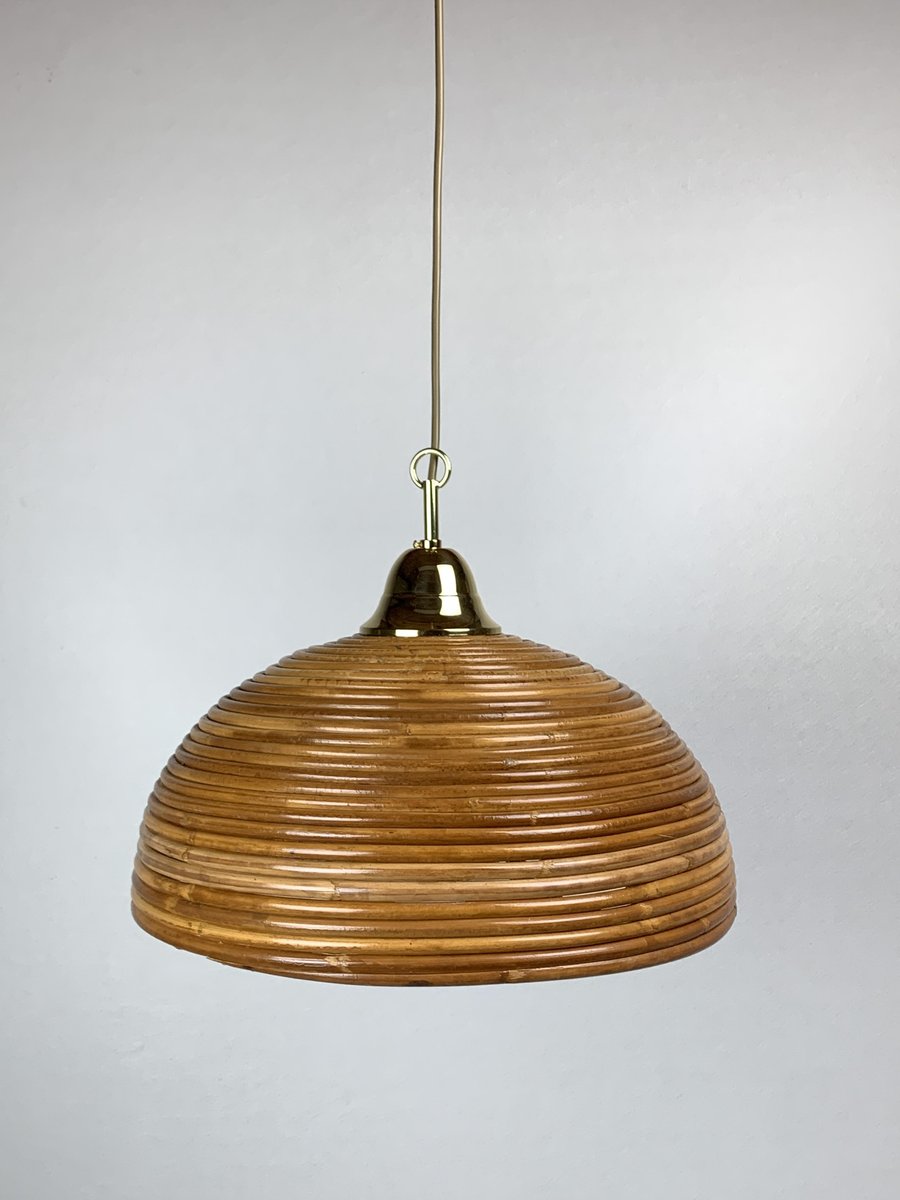 Pencil Reed, Rattan, Bamboo and Brass Pendant Hanging Lamp, Italy, 1970s