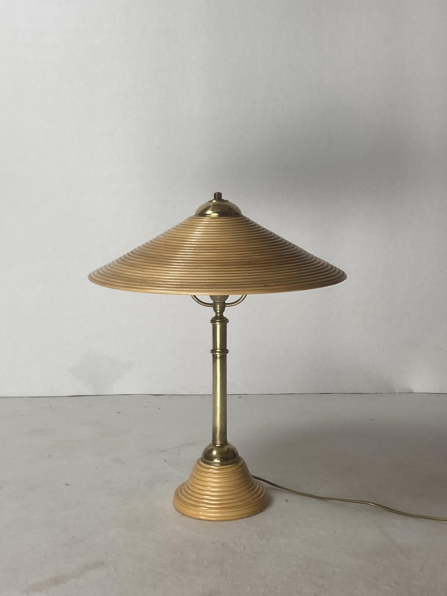 Pencil Reed, Rattan, Bamboo and Brass Table Lamp, Italy, 1970s