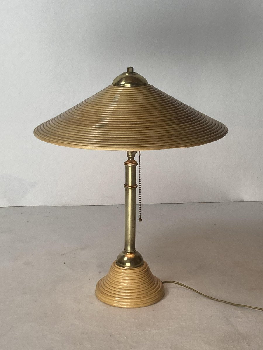 Pencil Reed, Rattan, Bamboo and Brass Table Lamp, Italy, 1970s