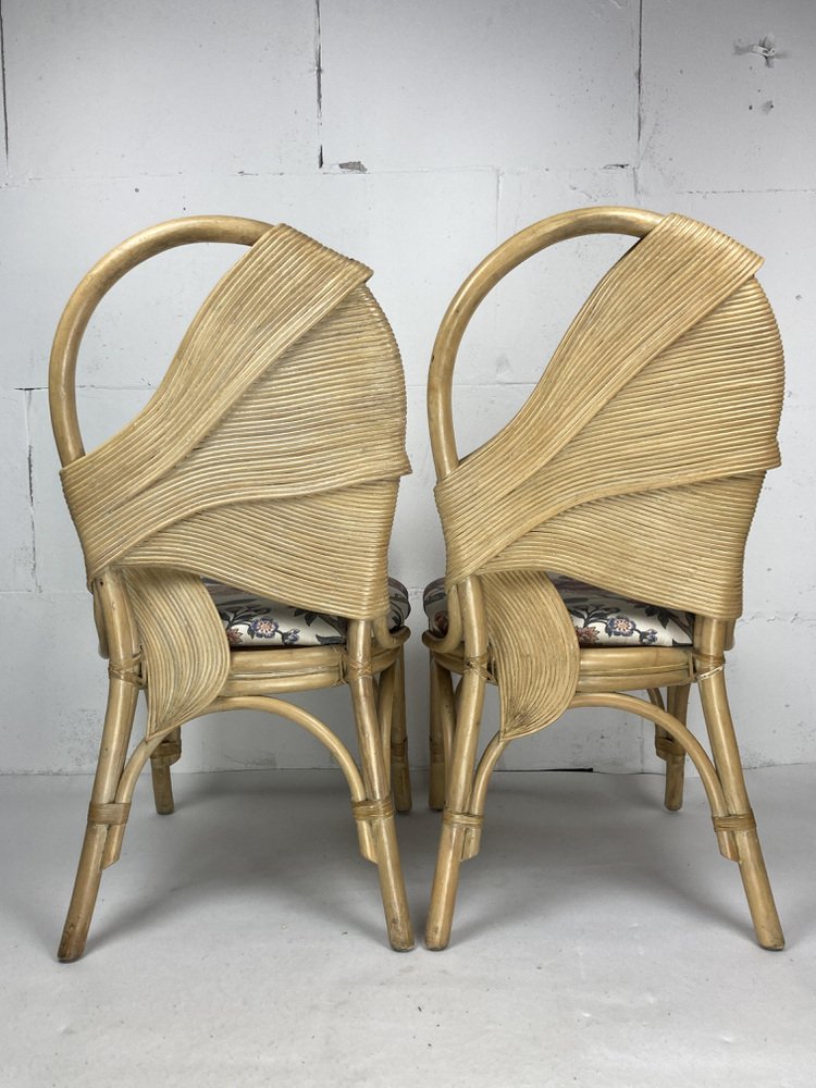 Pencil Reed Rattan Bamboo Chairs and Table in the style of Vivai Del Sud, 1980s, Set of 3