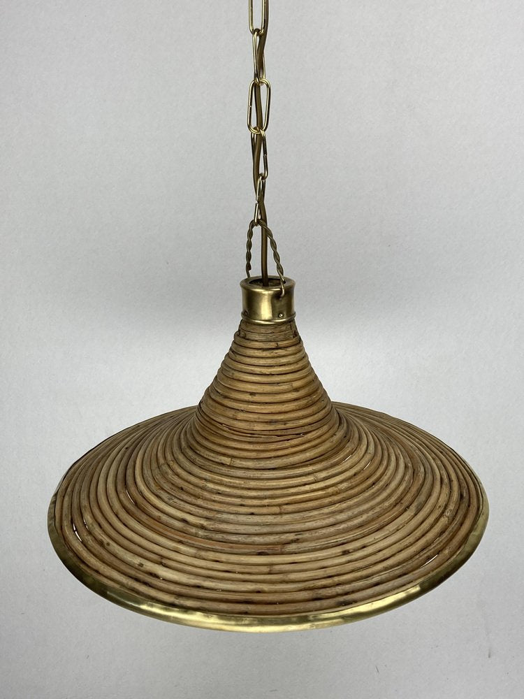 Pencil Reed, Rattan, Wicker and Brass Pendant Lamp, Italy, 1970s