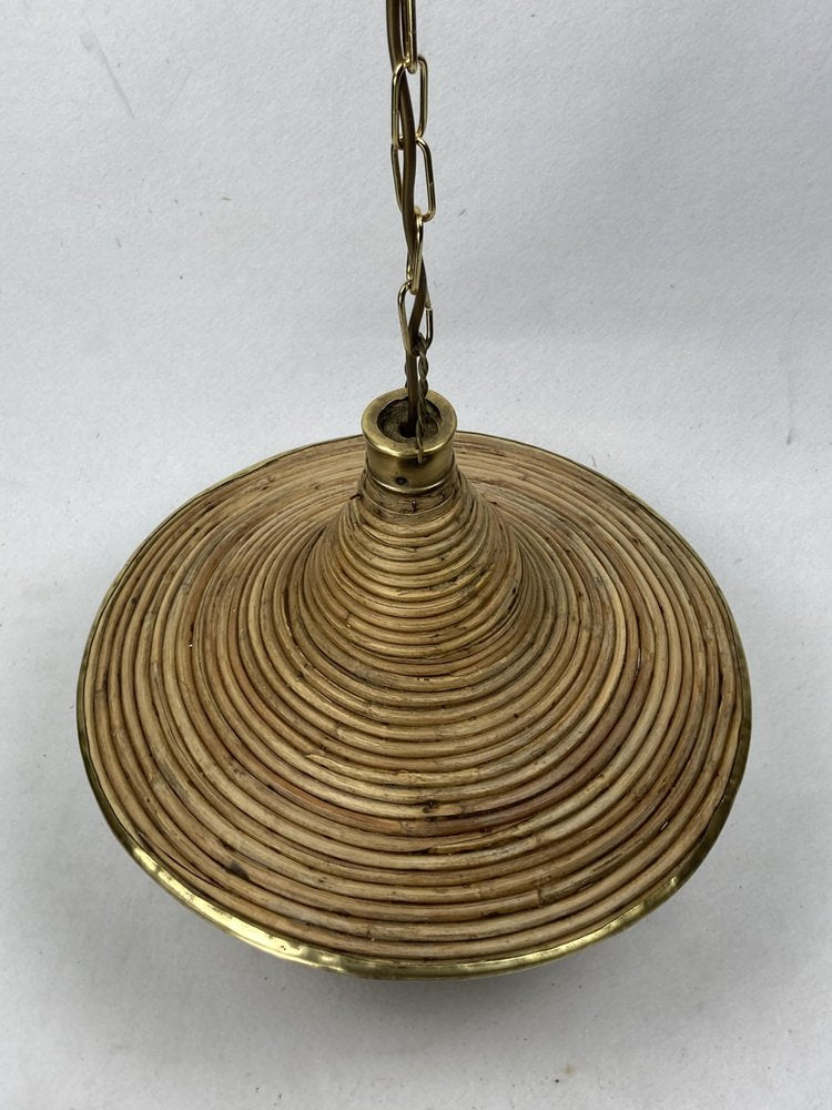 Pencil Reed, Rattan, Wicker and Brass Pendant Lamp, Italy, 1970s