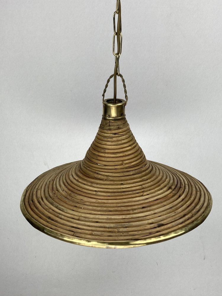 Pencil Reed, Rattan, Wicker and Brass Pendant Lamp, Italy, 1970s