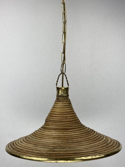 Pencil Reed, Rattan, Wicker and Brass Pendant Lamp, Italy, 1970s