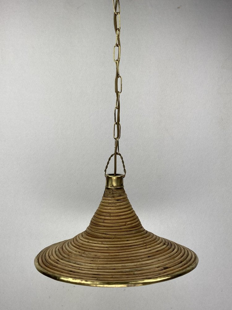 Pencil Reed, Rattan, Wicker and Brass Pendant Lamp, Italy, 1970s