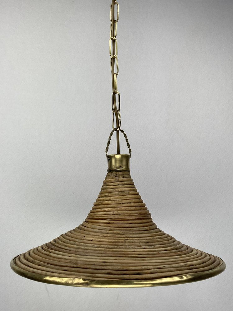 Pencil Reed, Rattan, Wicker and Brass Pendant Lamp, Italy, 1970s