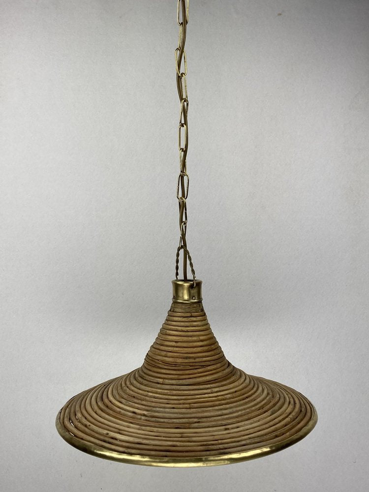 Pencil Reed, Rattan, Wicker and Brass Pendant Lamp, Italy, 1970s