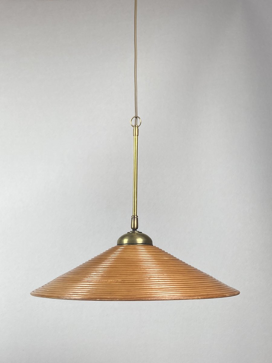 Pencil Split Reed, Rattan, Bamboo and Brass Pendant Lamp, 1970s