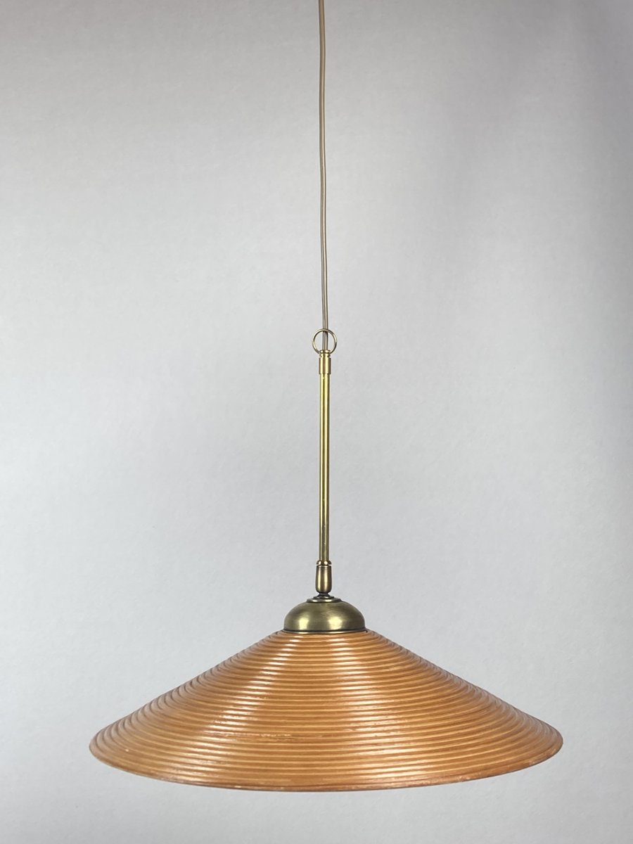 Pencil Split Reed, Rattan, Bamboo and Brass Pendant Lamp, 1970s